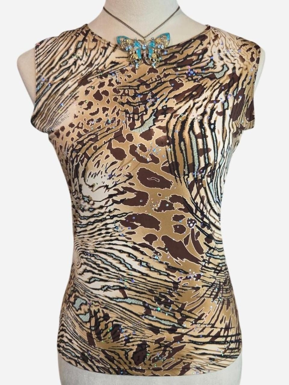 Y2K Retro Bratz Animal Print Shell Holographic Short Sleeve Top - Brown Small